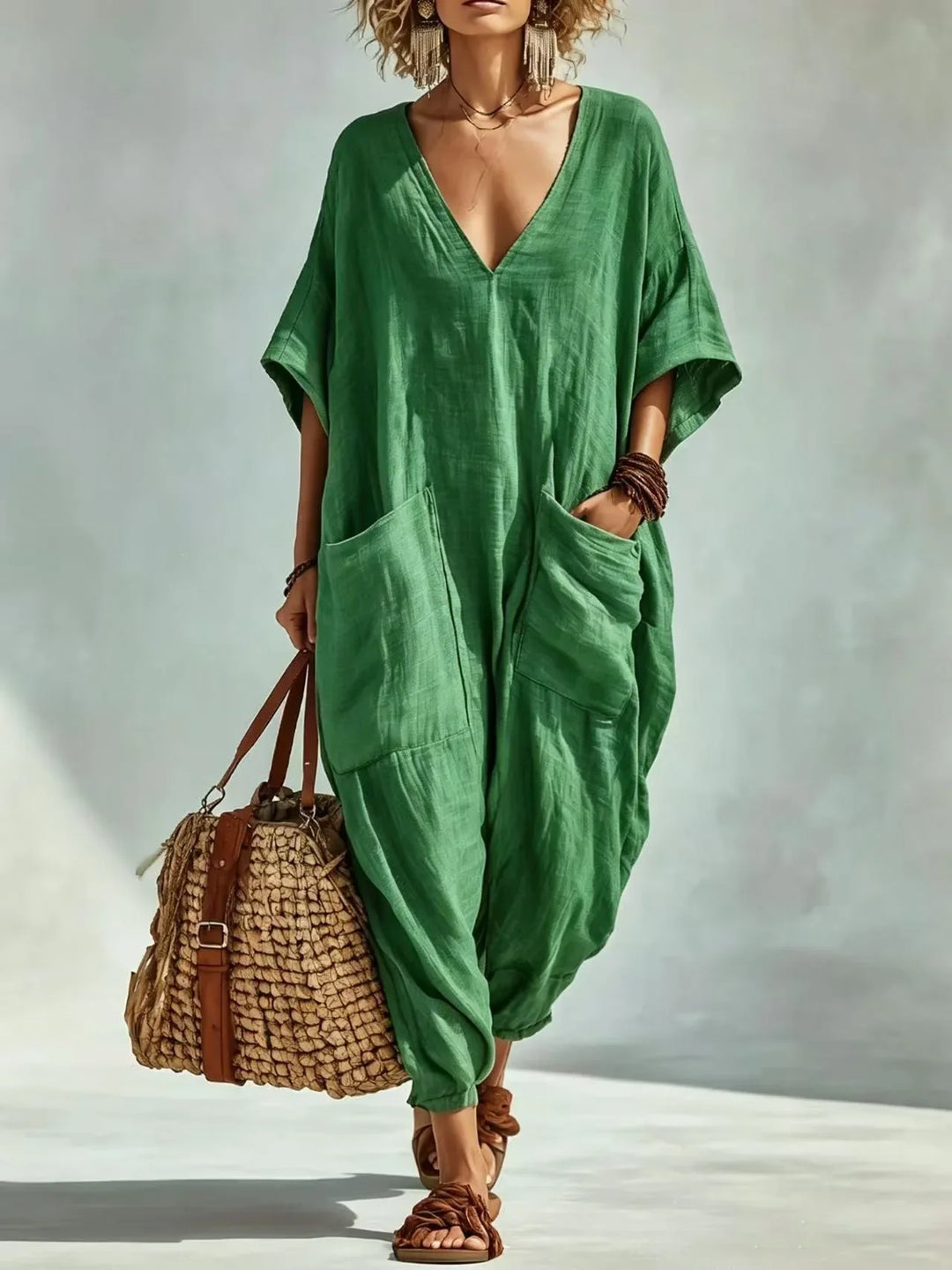 Fallon V Neck Linen Blend Pocket Romper