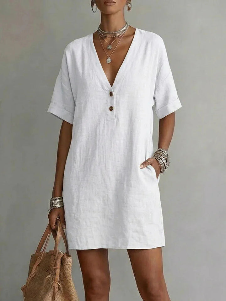 Lenora Breathable Linen V-Neck Mini Dress