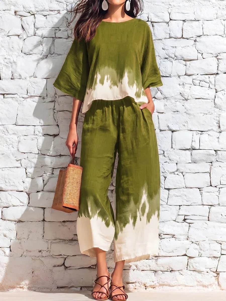 Ava Printed Blouse Casual Pants Set