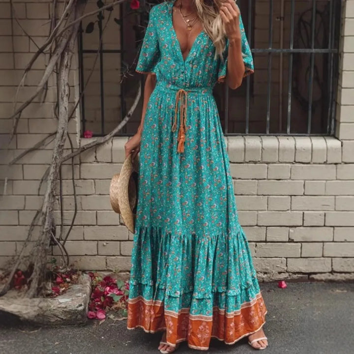 Henna Drawstring Bohemian Maxi Dress