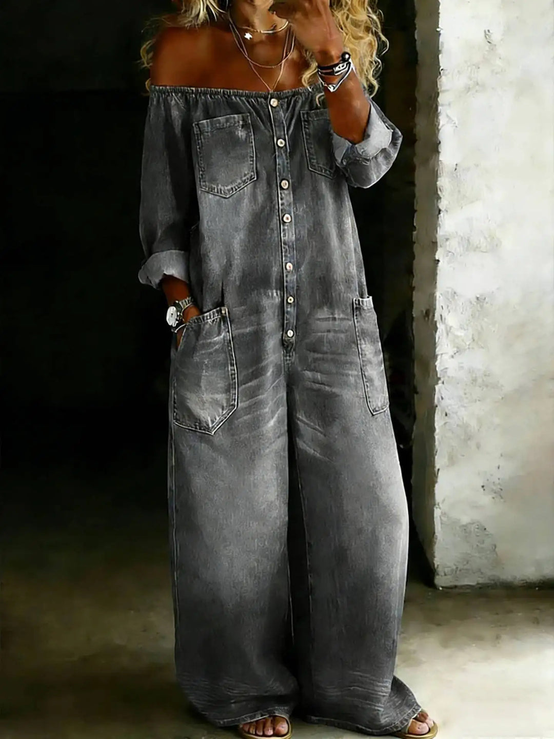 Novella Off Shoulder Denim Jumpsuit