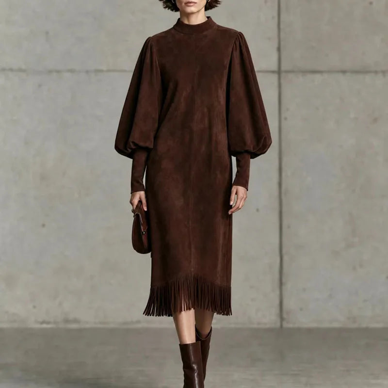 Halcyon Lantern Sleeve Fringe Dress