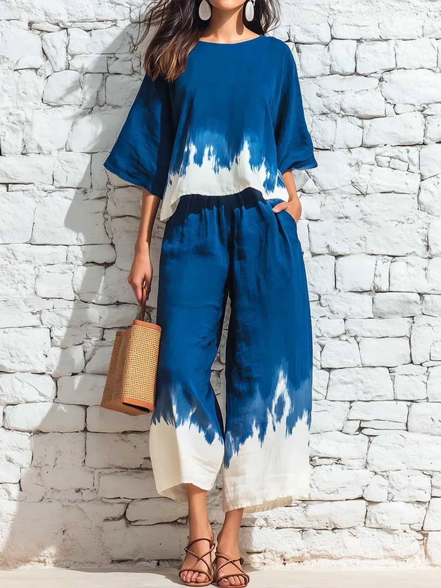 Ava Printed Blouse Casual Pants Set