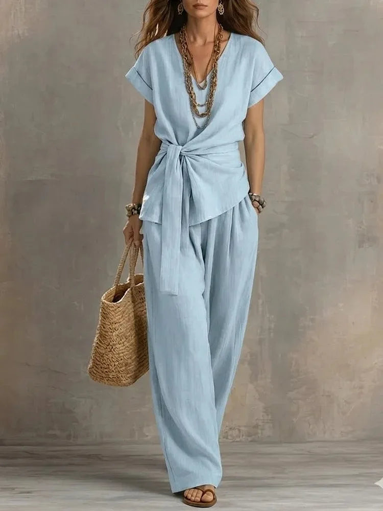 Melina Relaxed Tie Waist V Neck Lounge Set