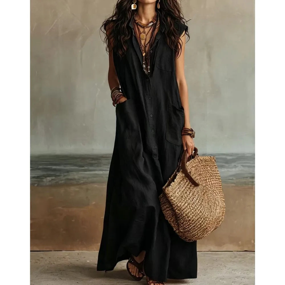 Ophelia Bohemian V Neck Casual Linen Maxi Dress