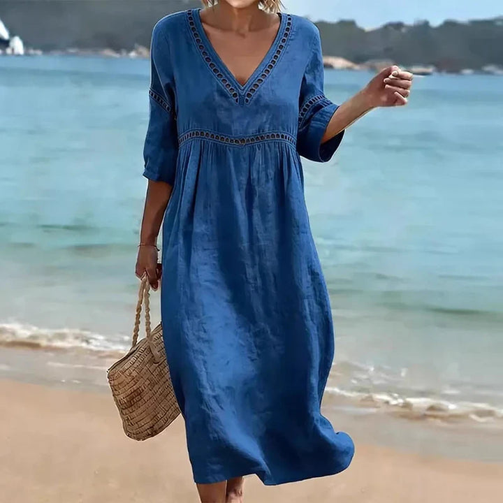 Vianne Hollow Trim V-Neck Midi Dress
