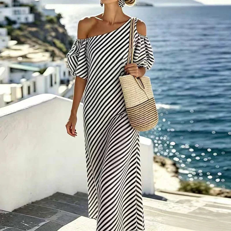 Lara Bohemian Striped One Shoulder Maxi Dress