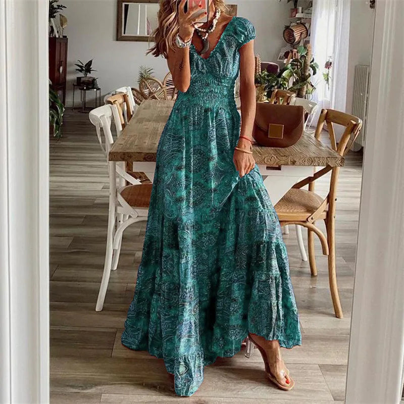 Ekara Bohemian Printed Petal Sleeve Maxi Dress