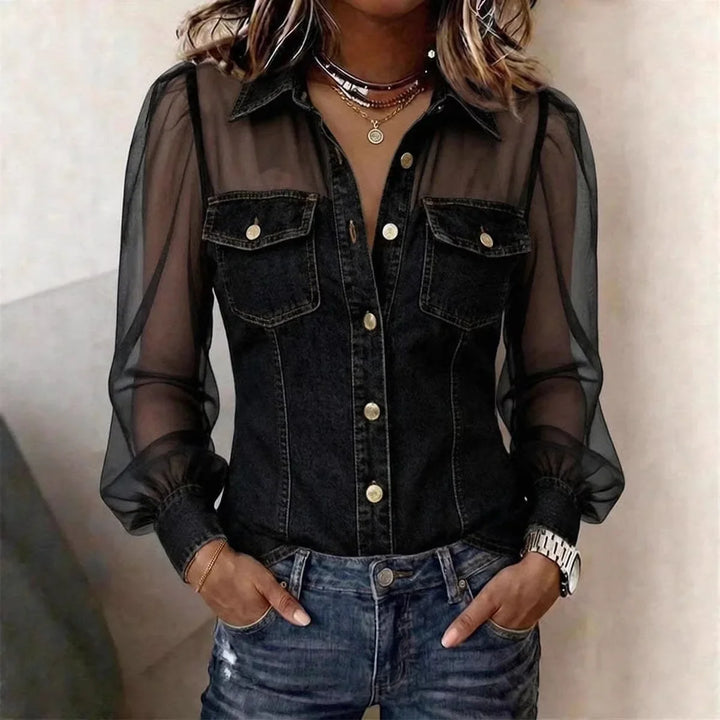 Blaire Sheer Sleeve Denim Blouse