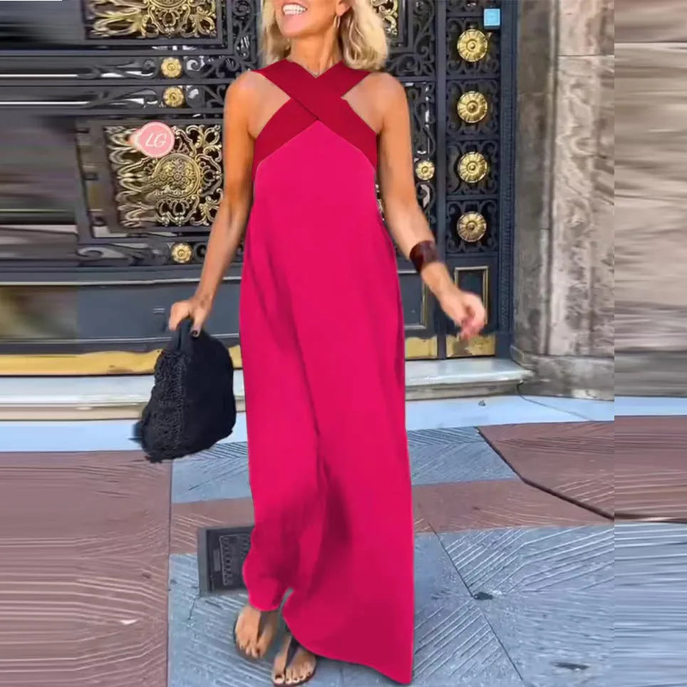 Tanith Contrast Halter Backless Maxi Dress