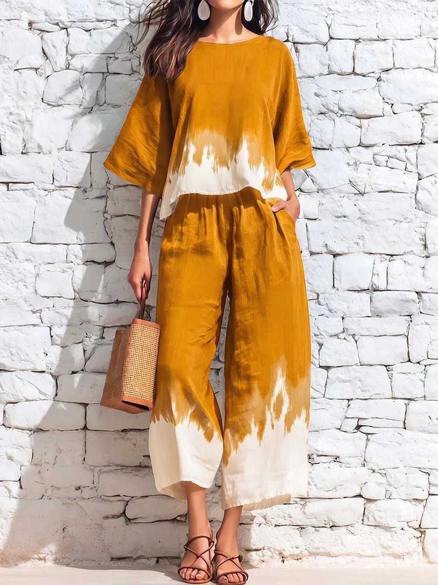 Ava Printed Blouse Casual Pants Set