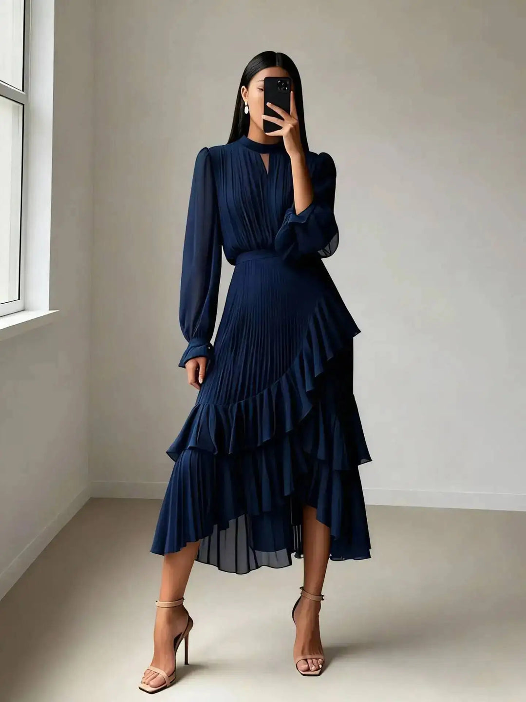 Meera Pleated Ruffle Midi Dress