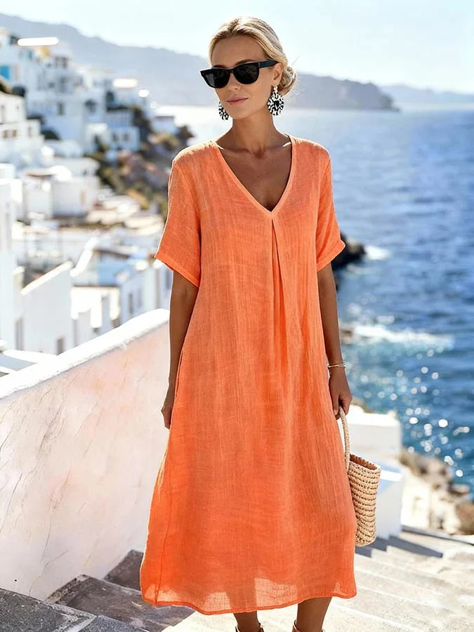 Fiora Relaxed V Neck Summer Midi Dress