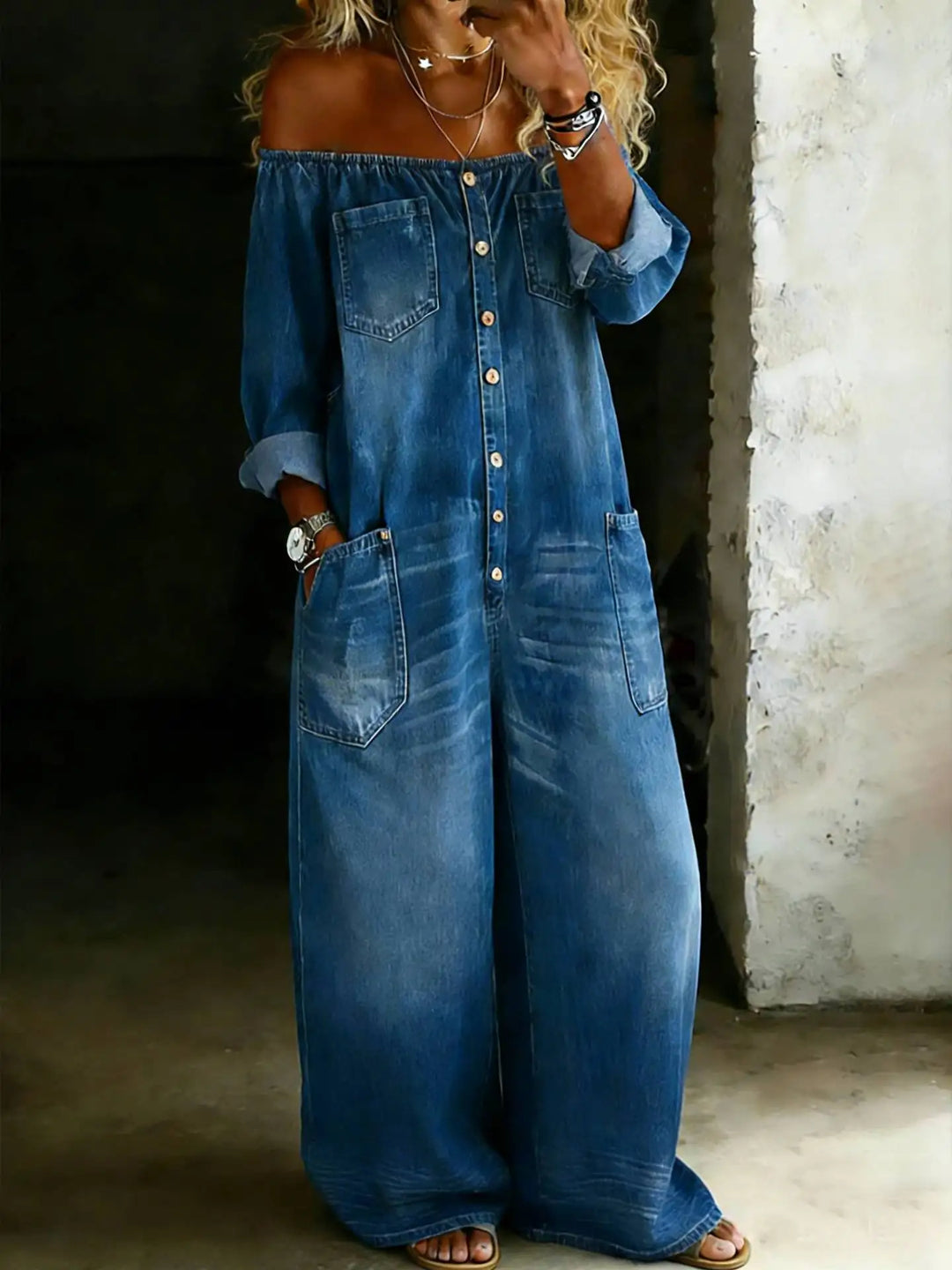Novella Off Shoulder Denim Jumpsuit