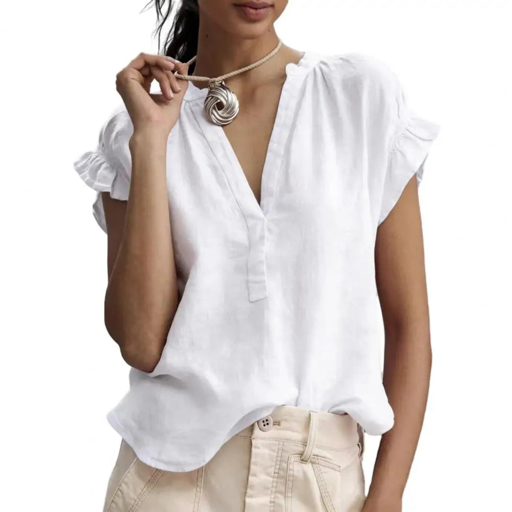 Ruelle Relaxed V Neck Ruffled Blouse