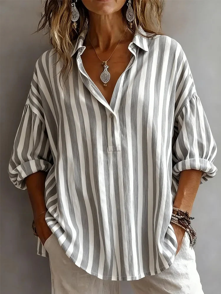 Reena Striped V Neck Blouse