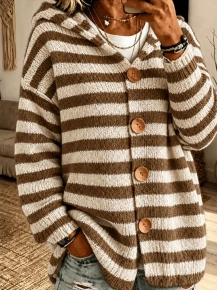 Pia Hooded Striped Button Cardigan