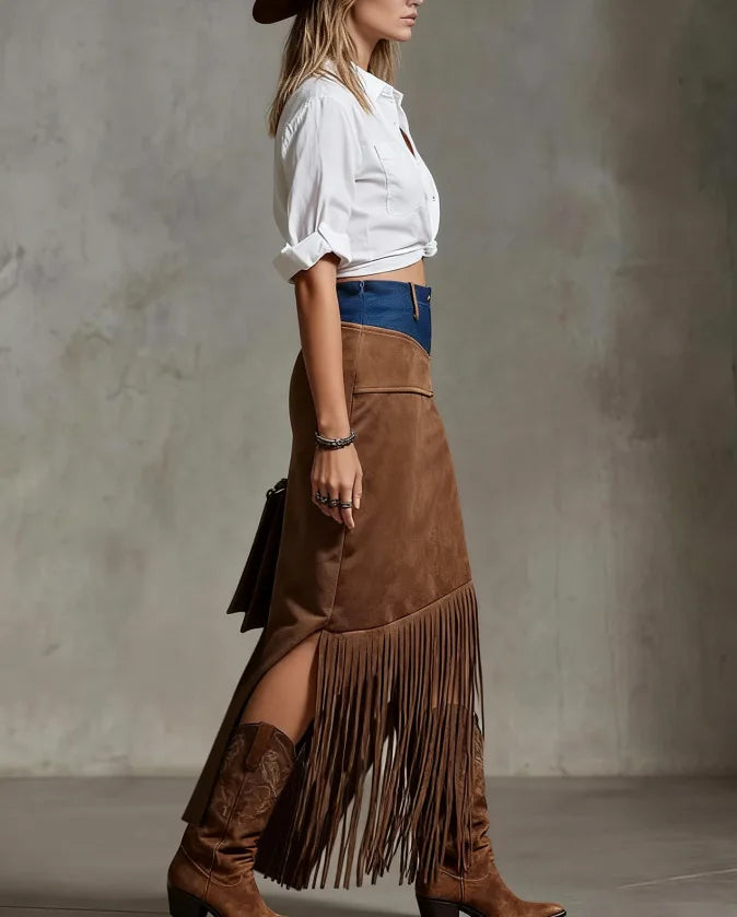 Savrani Suede Fringe Maxi Skirt