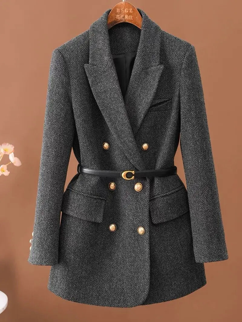 Margaux Herringbone Belted Waist Blazer
