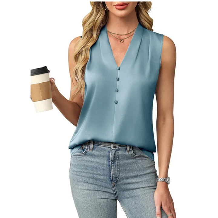 Aralyn Sleeveless Satin V Neck Blouse