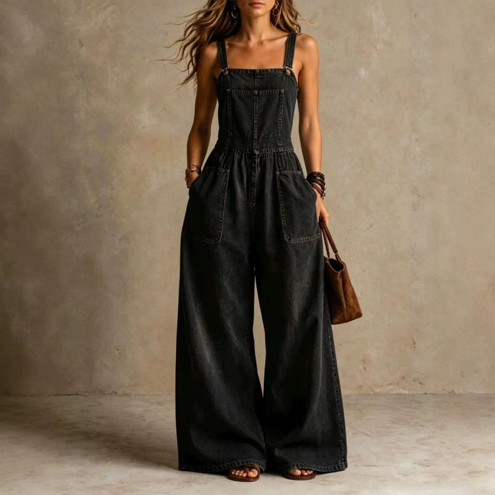 Faye Wide Leg Denim Overall Jumpsuit