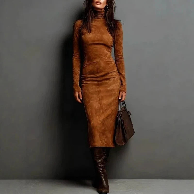 Sandra Suede Turtleneck Midi Dress