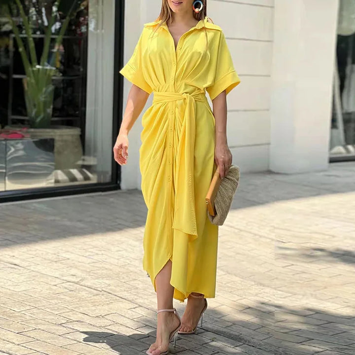 Quenby Printed Tie Waist Shirt Midi Dress