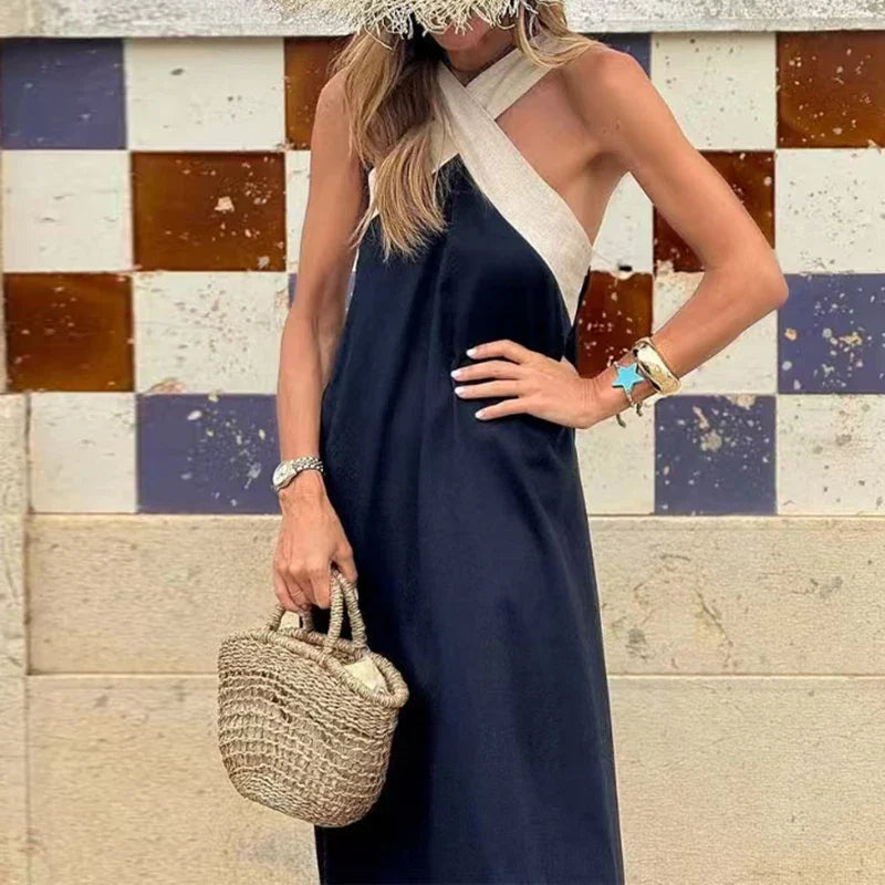 Tanith Contrast Halter Backless Maxi Dress