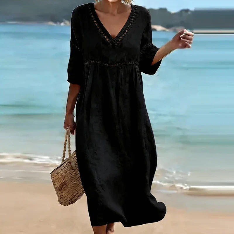 Vianne Hollow Trim V-Neck Midi Dress