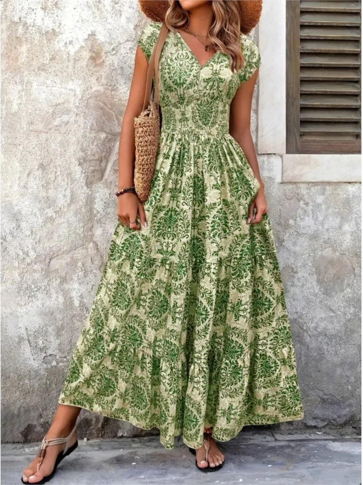 Oilana Elegant V Neck Bohemian Maxi Dress