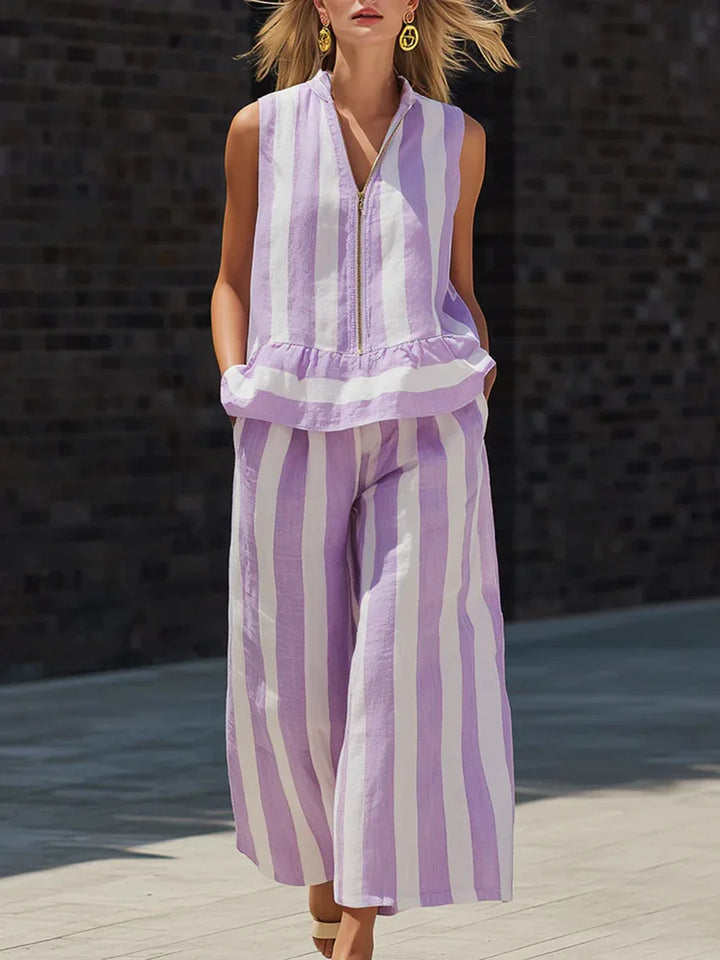 Anila Striped Zip Front Sleeveless Pants Set