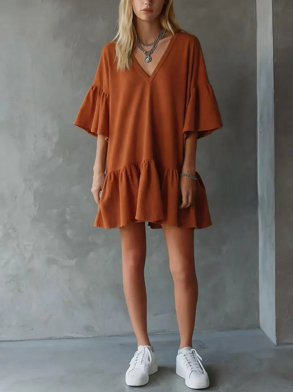 Nosmi Lightweight V Neck Mini Dress