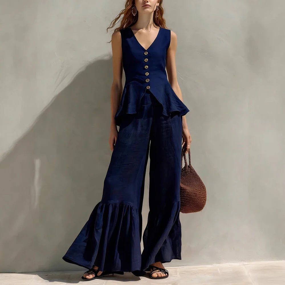 Nora Ruffle Trim Wide Leg Pants Set