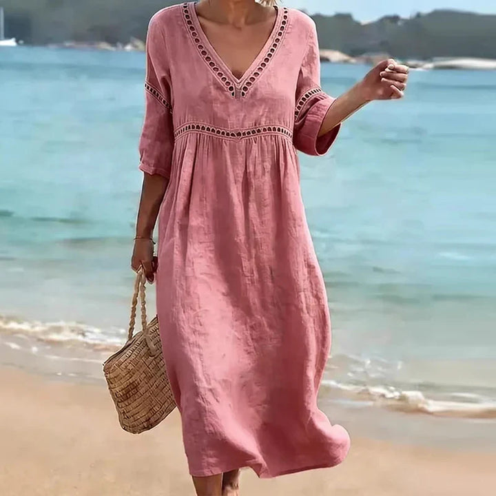 Vianne Hollow Trim V-Neck Midi Dress