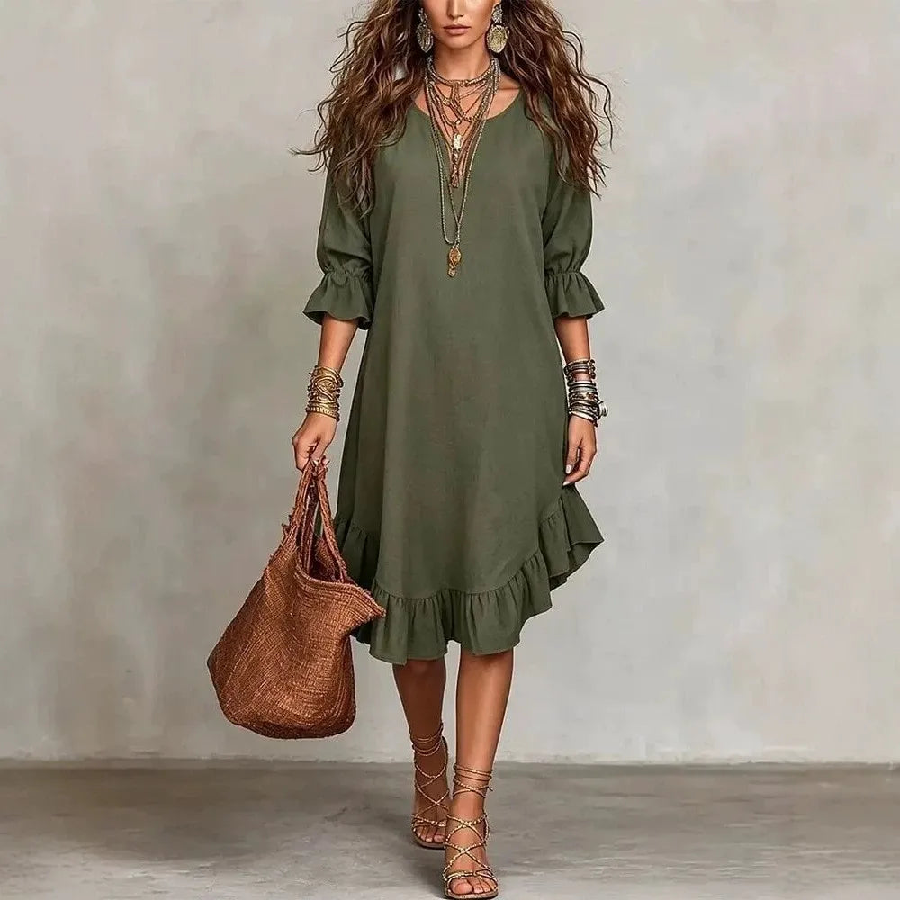 Vivian Ruffle Half Sleeve V Neck Midi Dress
