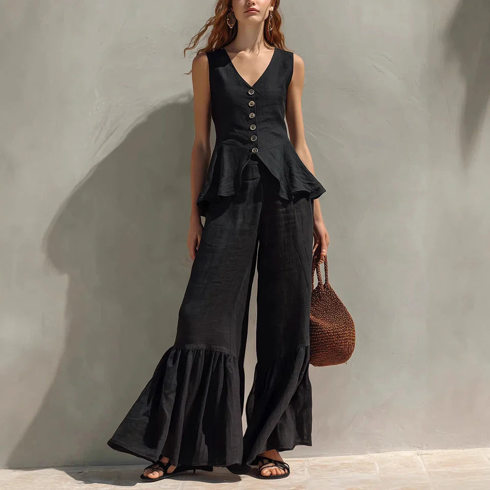 Nora Ruffle Trim Wide Leg Pants Set