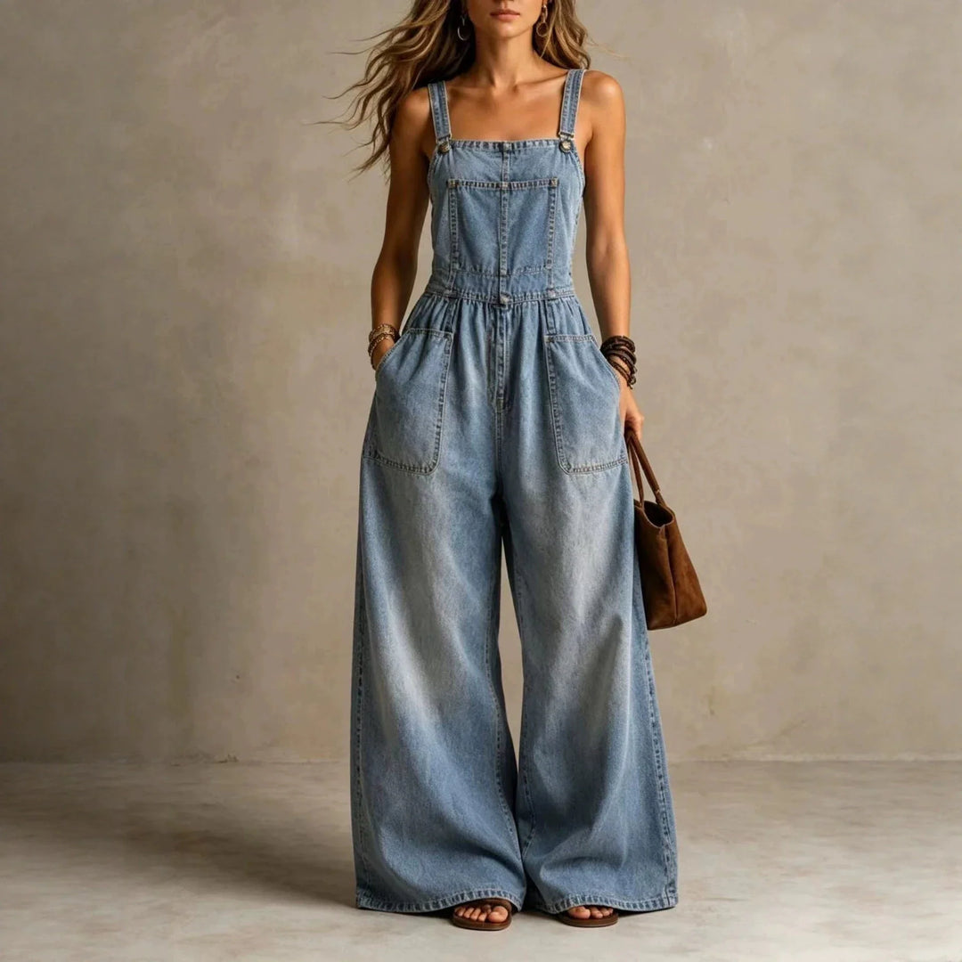 Faye Wide Leg Denim Overall Jumpsuit