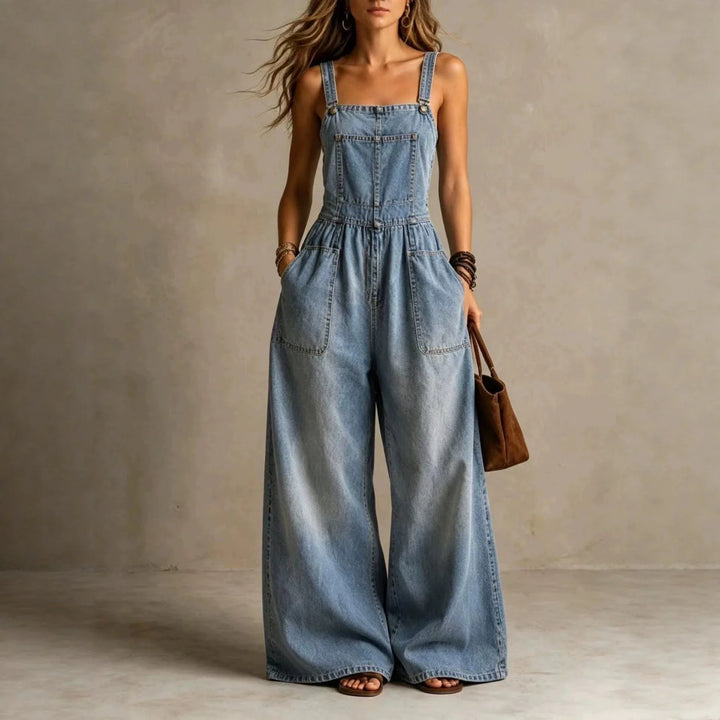Faye Wide Leg Denim Overall Jumpsuit