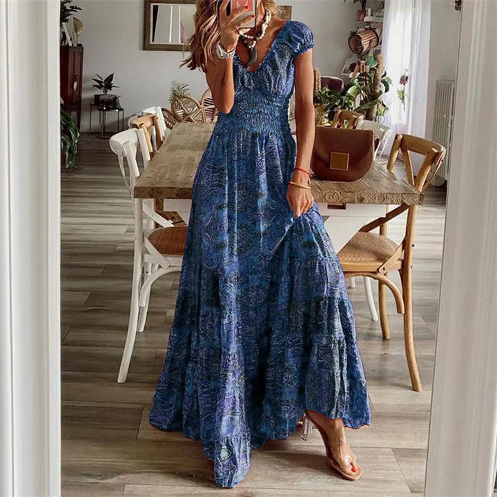 Ekara Bohemian Printed Petal Sleeve Maxi Dress
