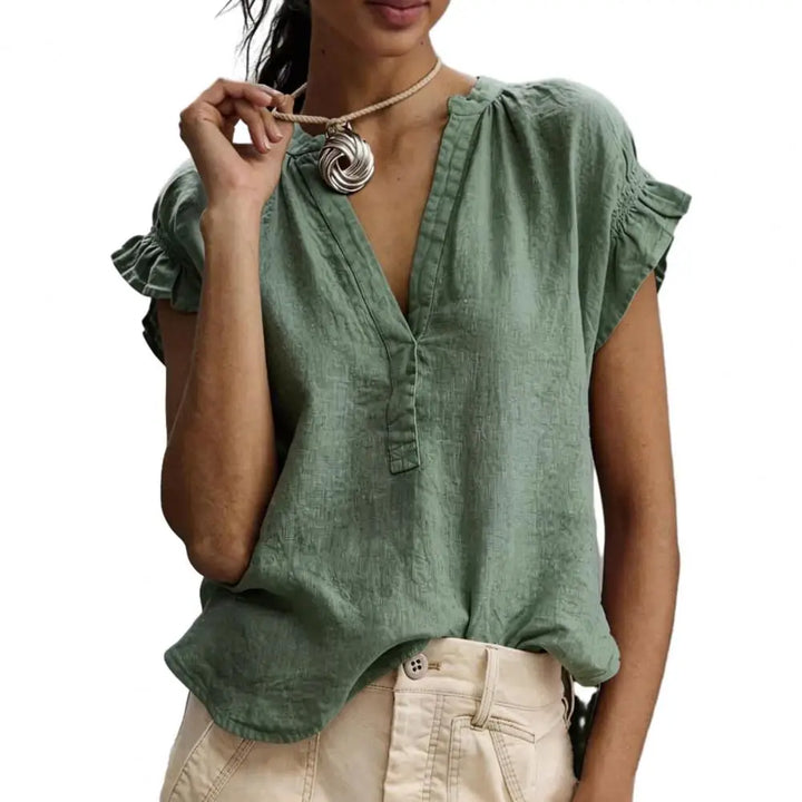 Ruelle Relaxed V Neck Ruffled Blouse