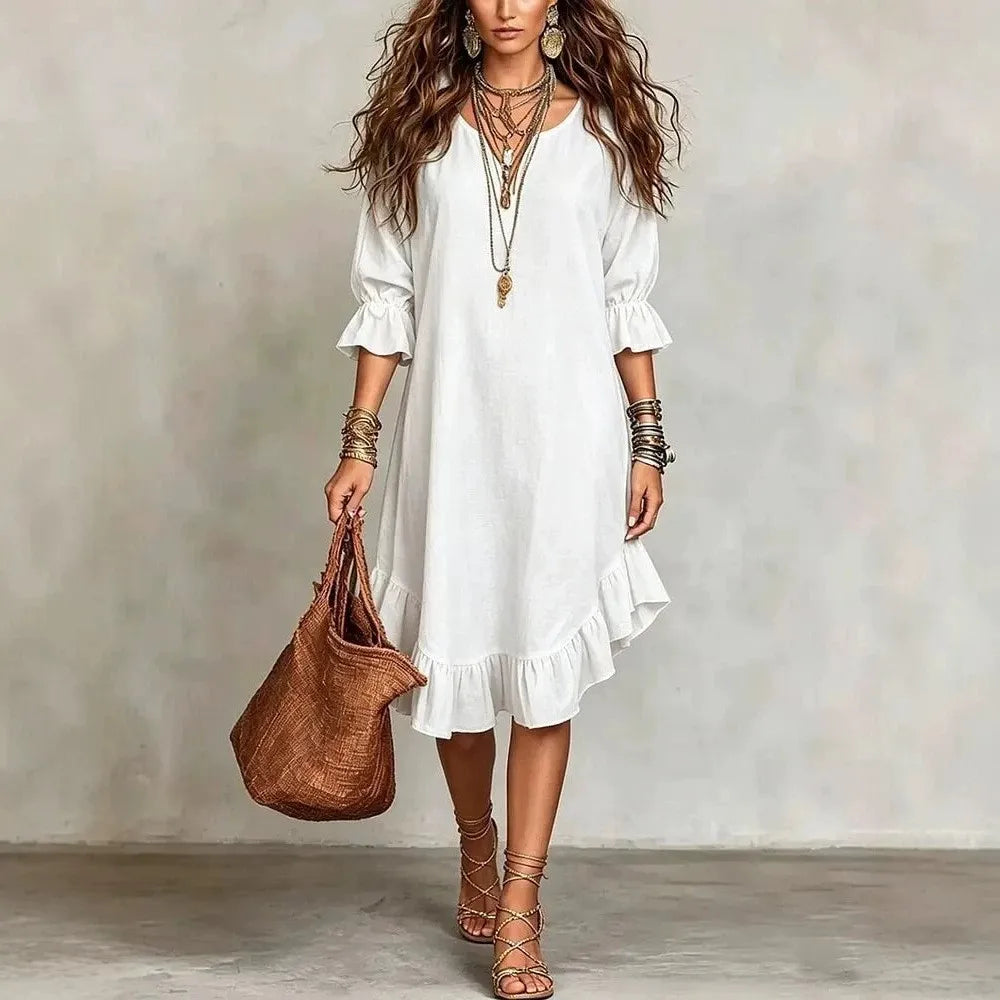 Vivian Ruffle Half Sleeve V Neck Midi Dress
