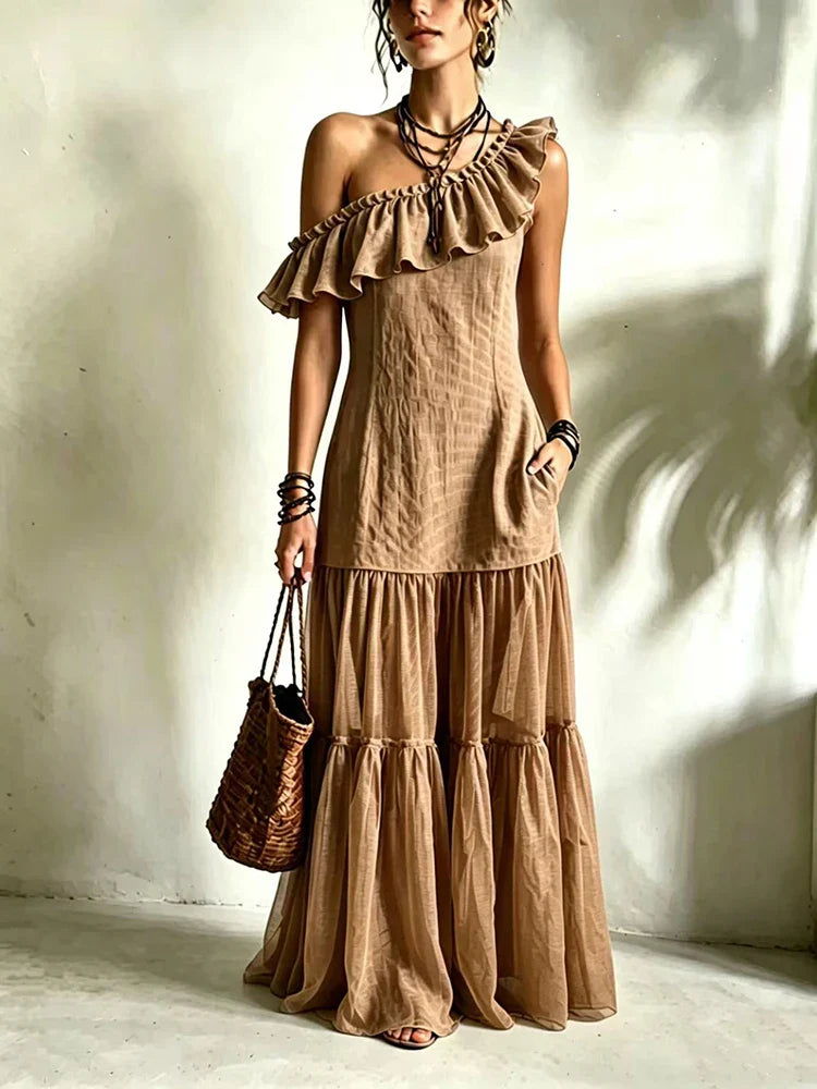 Eliana One Shoulder Asymmetrical Ruffle Maxi Dress