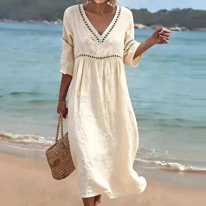 Vianne Hollow Trim V-Neck Midi Dress