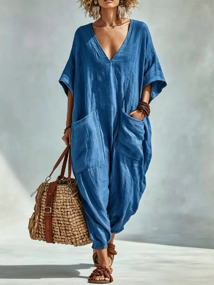Fallon V Neck Linen Blend Pocket Romper