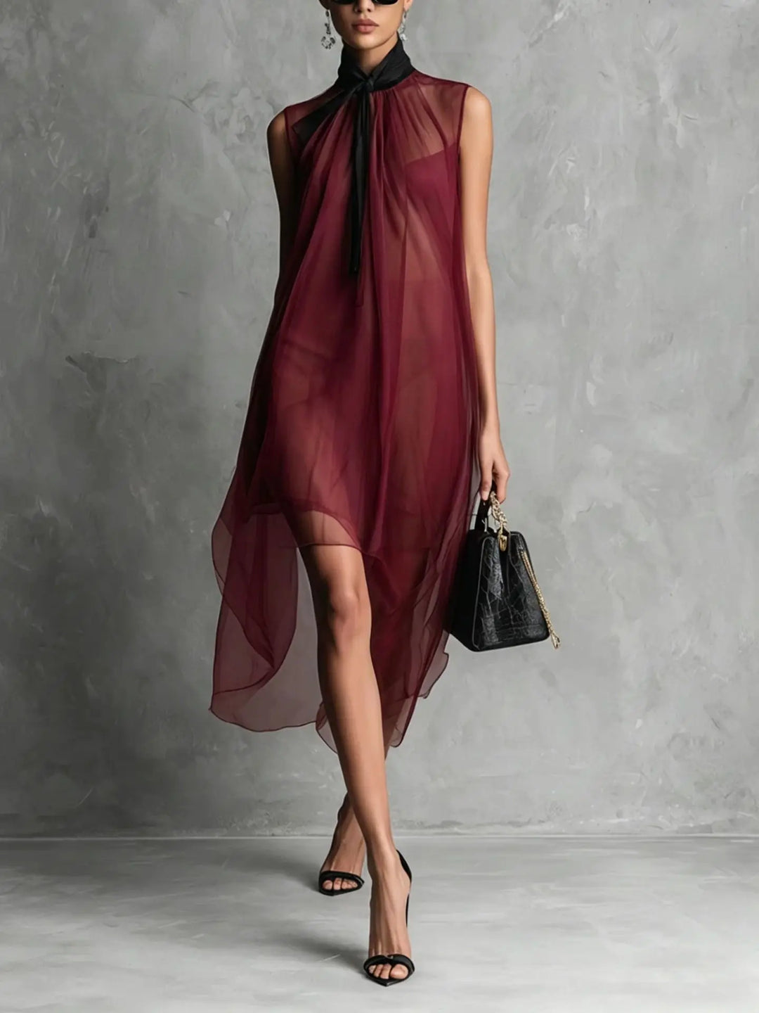 Linnea Sleeveless Bow Neck Chiffon Midi Dress