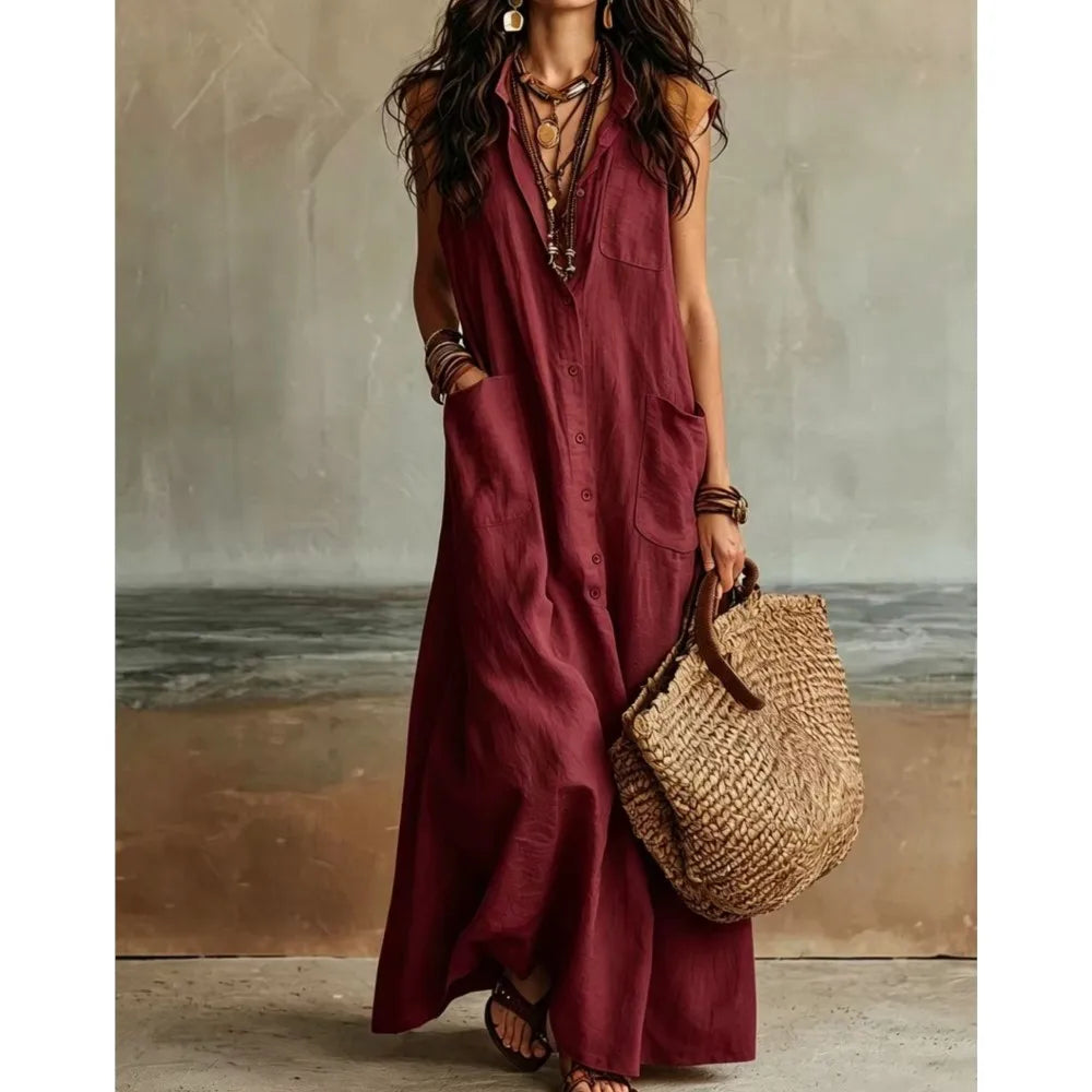 Ophelia Bohemian V Neck Casual Linen Maxi Dress