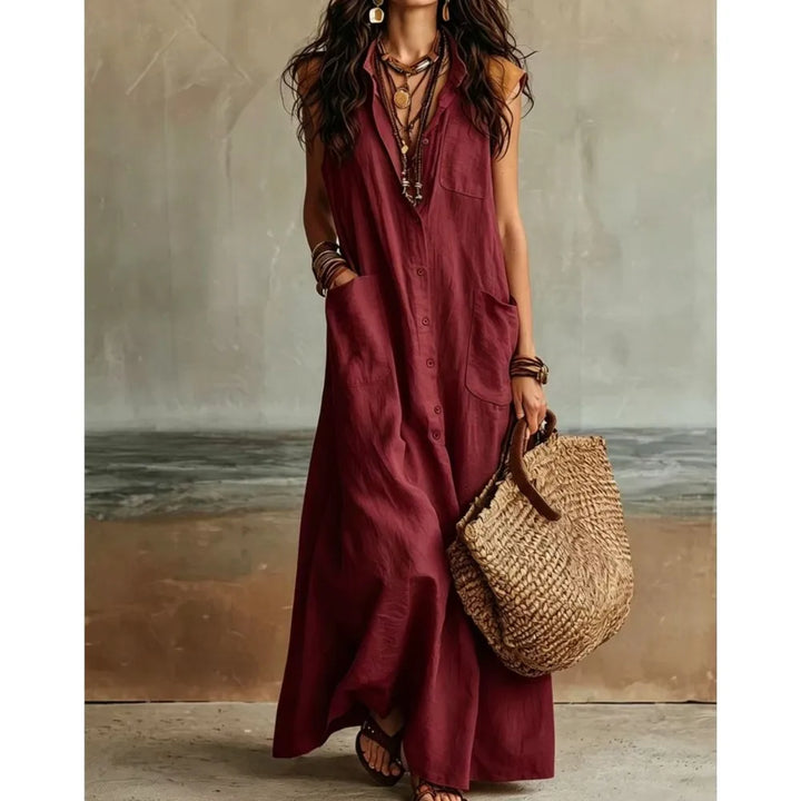 Ophelia Bohemian V Neck Casual Linen Maxi Dress