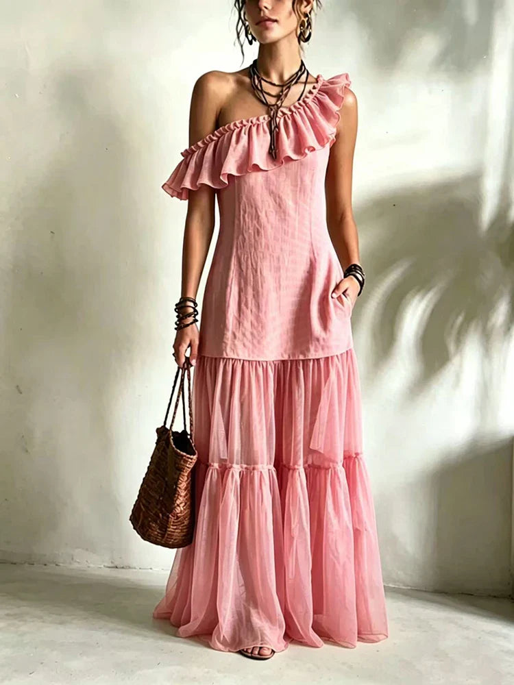 Eliana One Shoulder Asymmetrical Ruffle Maxi Dress