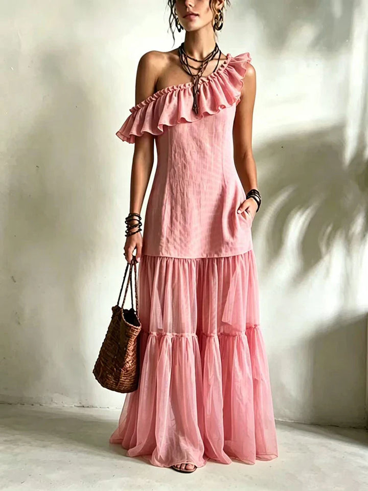 Eliana One Shoulder Asymmetrical Ruffle Maxi Dress