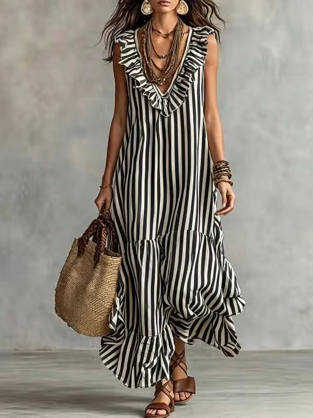 Opaline Ruffle Striped Maxi Dress